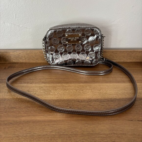 MICHAEL Michael Kors Handbags - Michael Kors Jet Set Small Metallic Silver Logo Crossbody